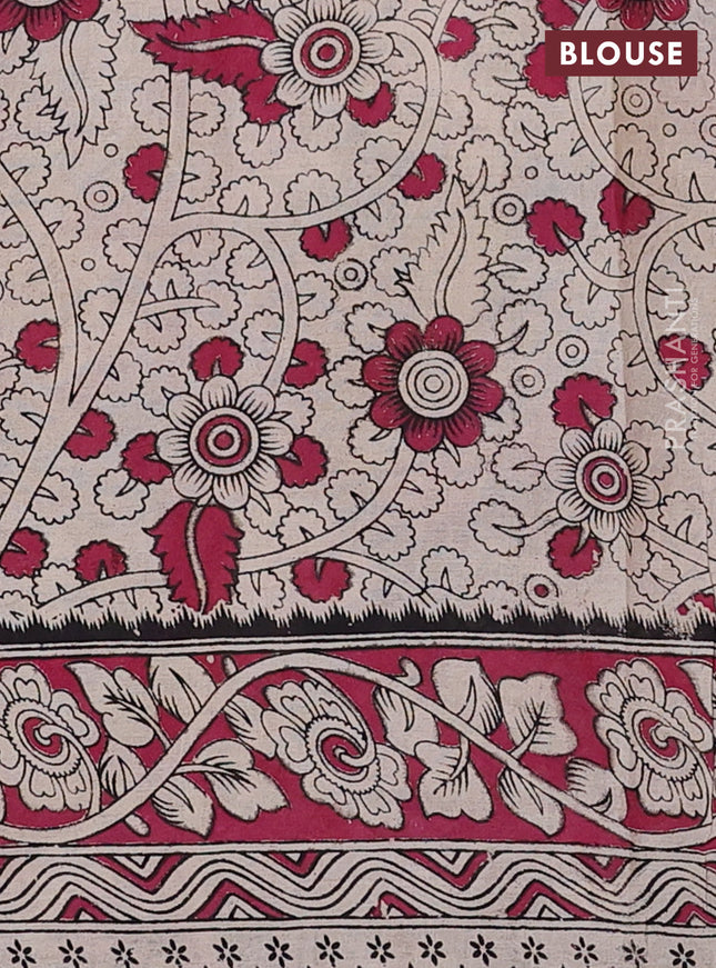 Kalamkari cotton saree beige and dark magenta pink with allover prints and printed border