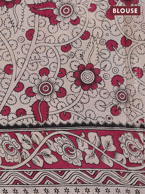 Kalamkari cotton saree beige and dark magenta pink with allover prints and printed border