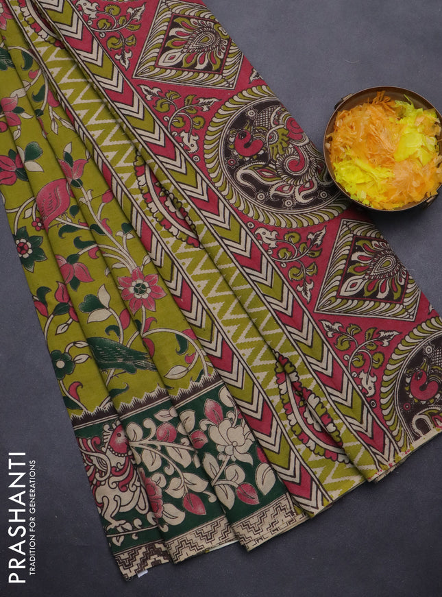 Kalamkari cotton saree light green and dark green with allover prints and printed border