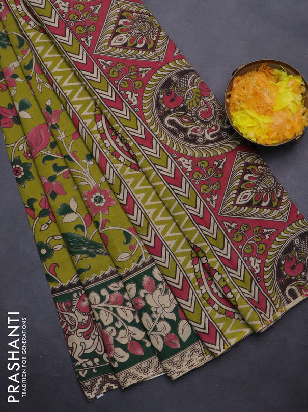 Kalamkari cotton saree light green and dark green with allover prints and printed border