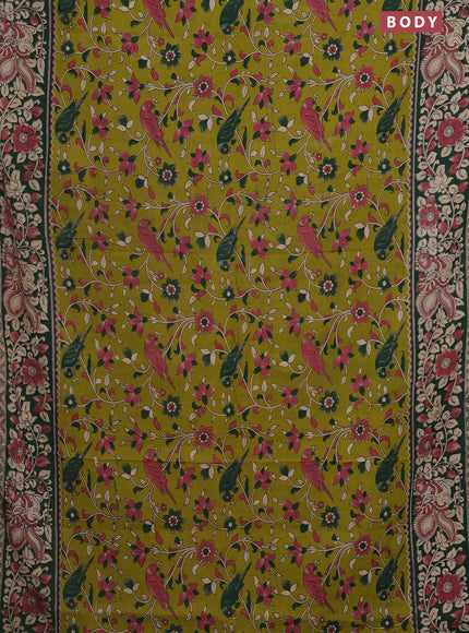 Kalamkari cotton saree light green and dark green with allover prints and printed border