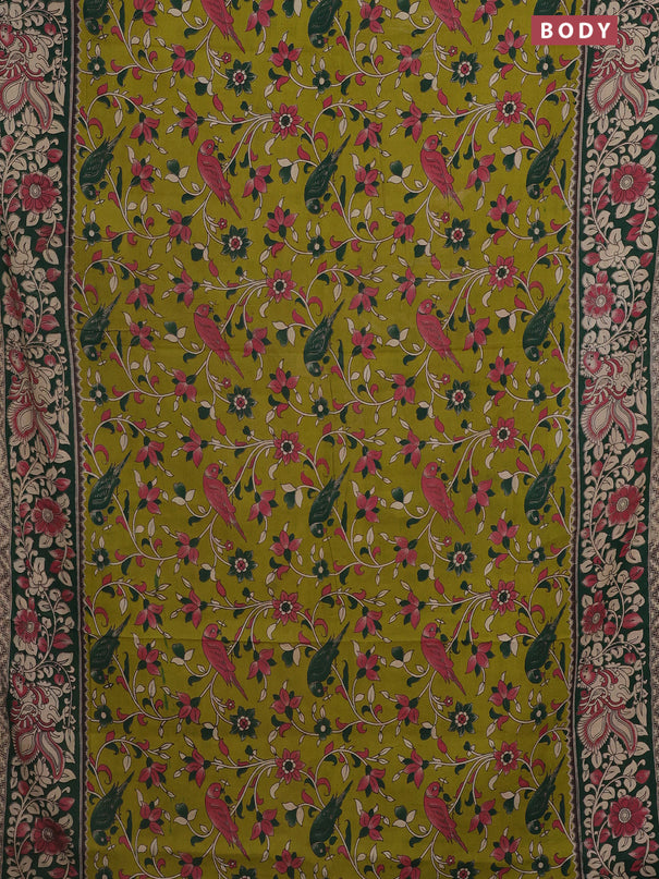 Kalamkari cotton saree light green and dark green with allover prints and printed border