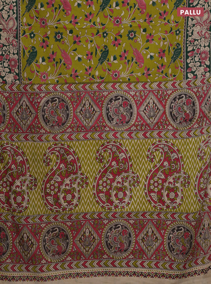 Kalamkari cotton saree light green and dark green with allover prints and printed border