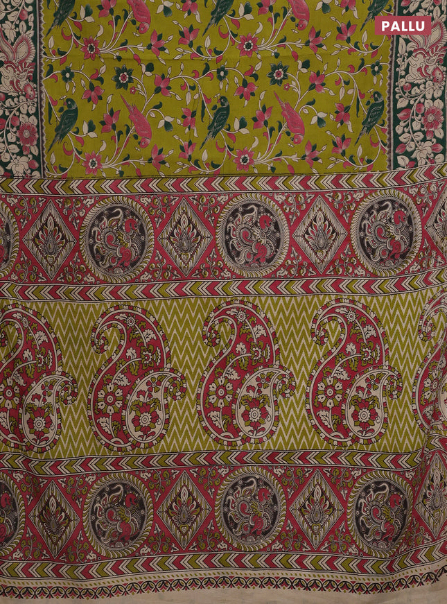 Kalamkari cotton saree light green and dark green with allover prints and printed border