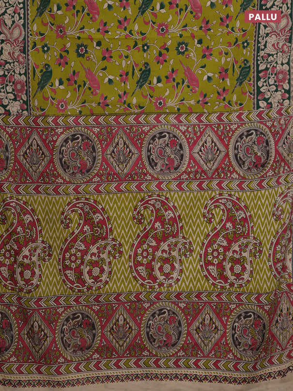 Kalamkari cotton saree light green and dark green with allover prints and printed border