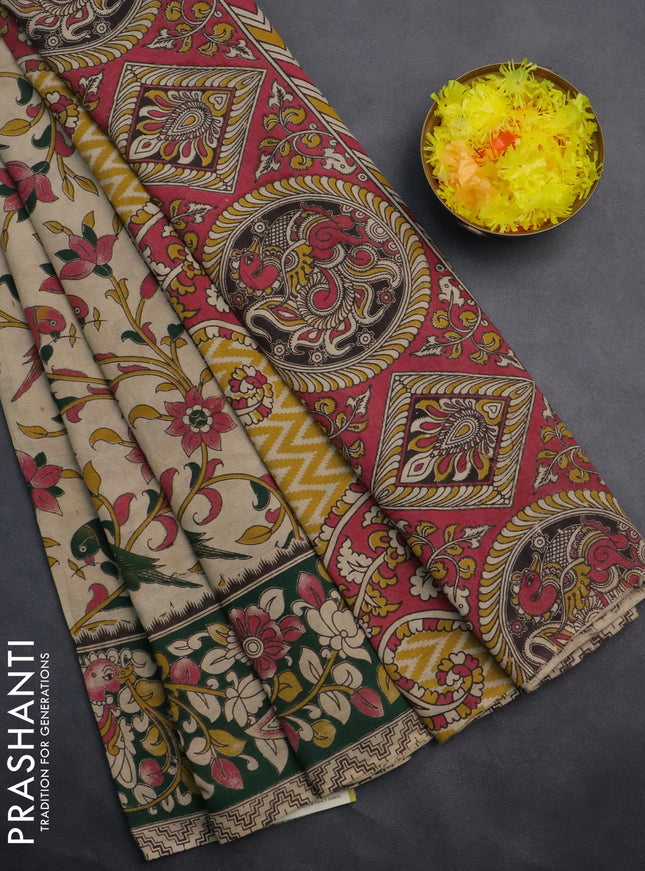 Kalamkari cotton saree beige and sap green with allover prints and printed border