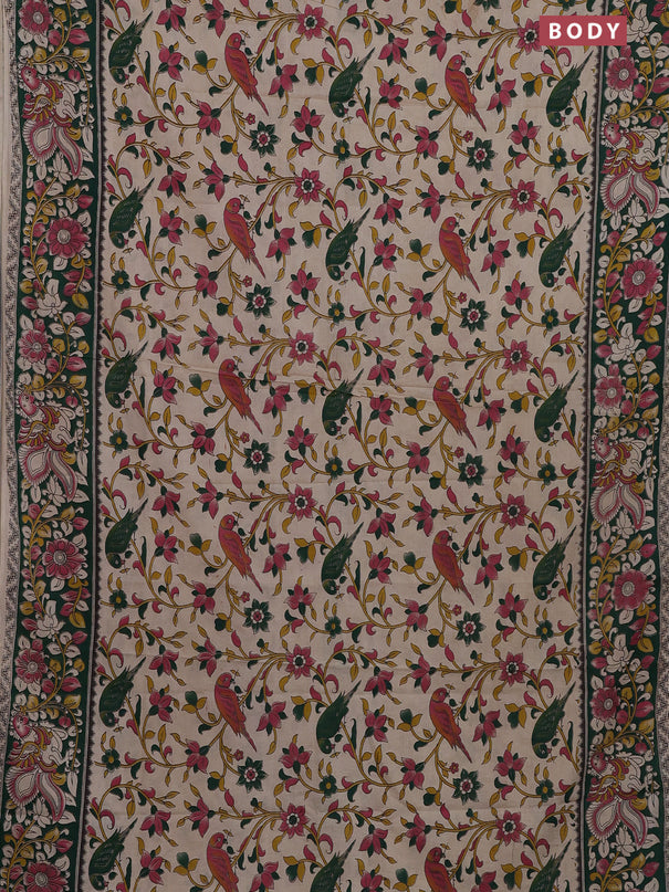 Kalamkari cotton saree beige and sap green with allover prints and printed border