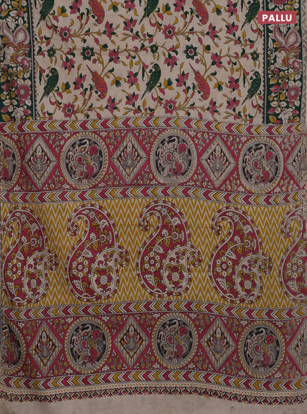 Kalamkari cotton saree beige and sap green with allover prints and printed border