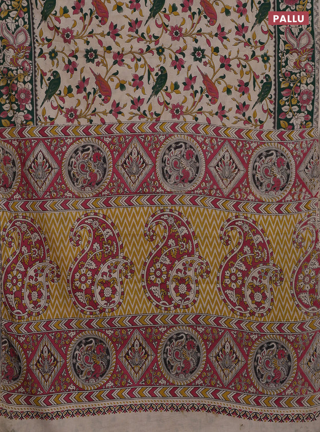 Kalamkari cotton saree beige and sap green with allover prints and printed border