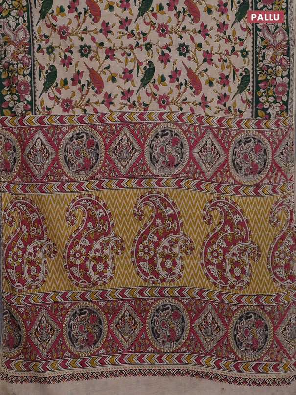 Kalamkari cotton saree beige and sap green with allover prints and printed border