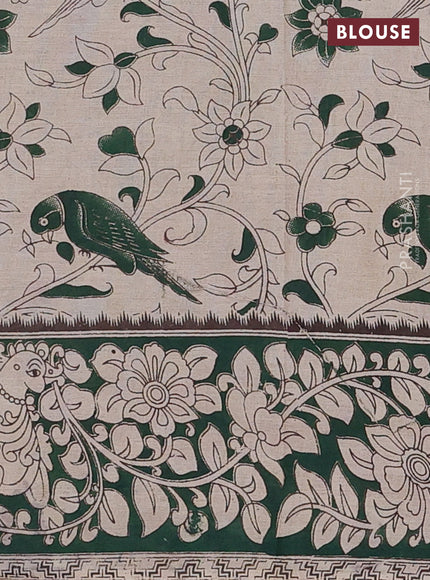 Kalamkari cotton saree beige and sap green with allover prints and printed border