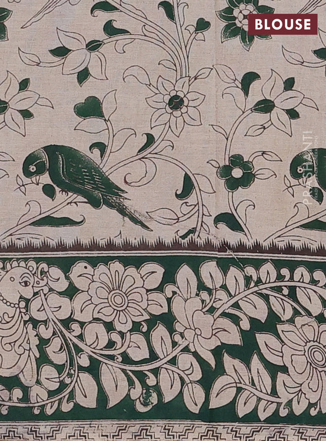 Kalamkari cotton saree beige and sap green with allover prints and printed border