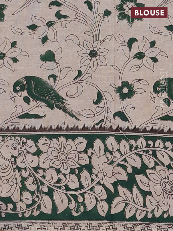 Kalamkari cotton saree beige and sap green with allover prints and printed border