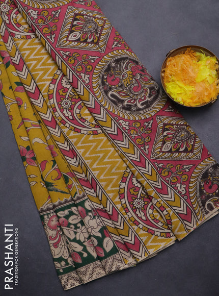 Kalamkari cotton saree yellow and green with allover prints and printed border