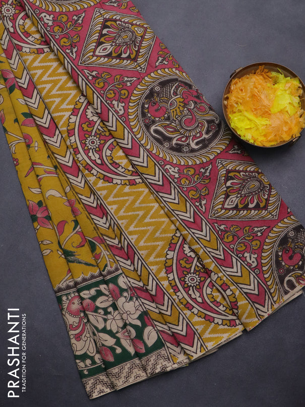 Kalamkari cotton saree yellow and green with allover prints and printed border
