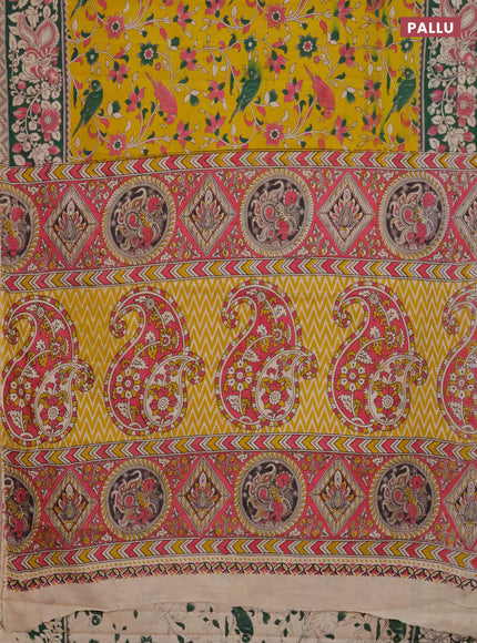 Kalamkari cotton saree yellow and green with allover prints and printed border