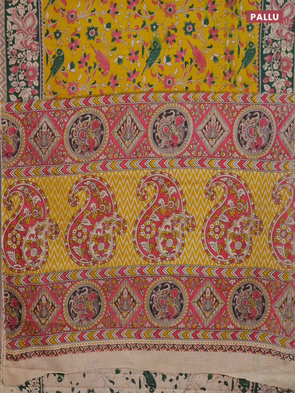 Kalamkari cotton saree yellow and green with allover prints and printed border
