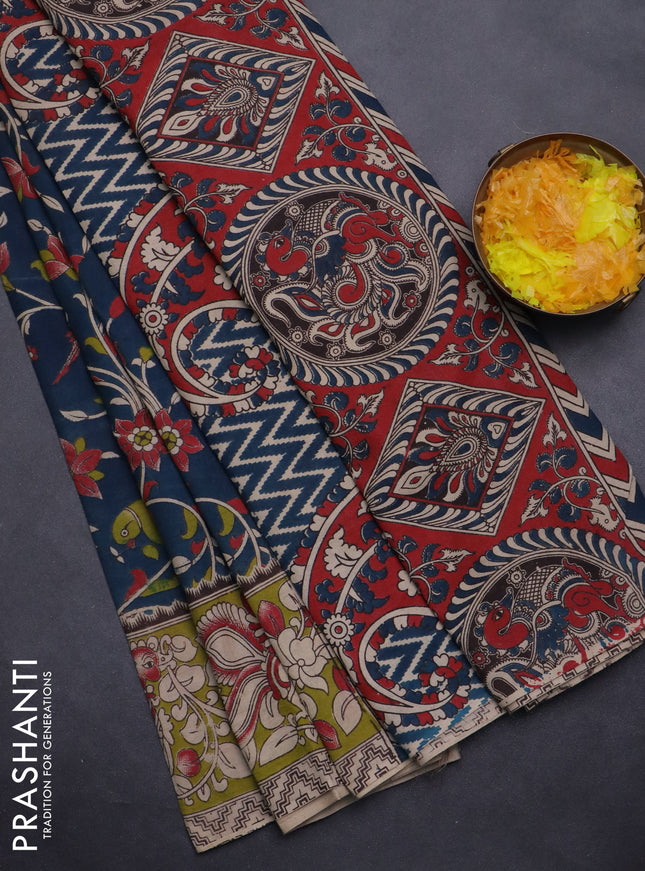 Kalamkari cotton saree peacock blue and light green with allover prints and printed border