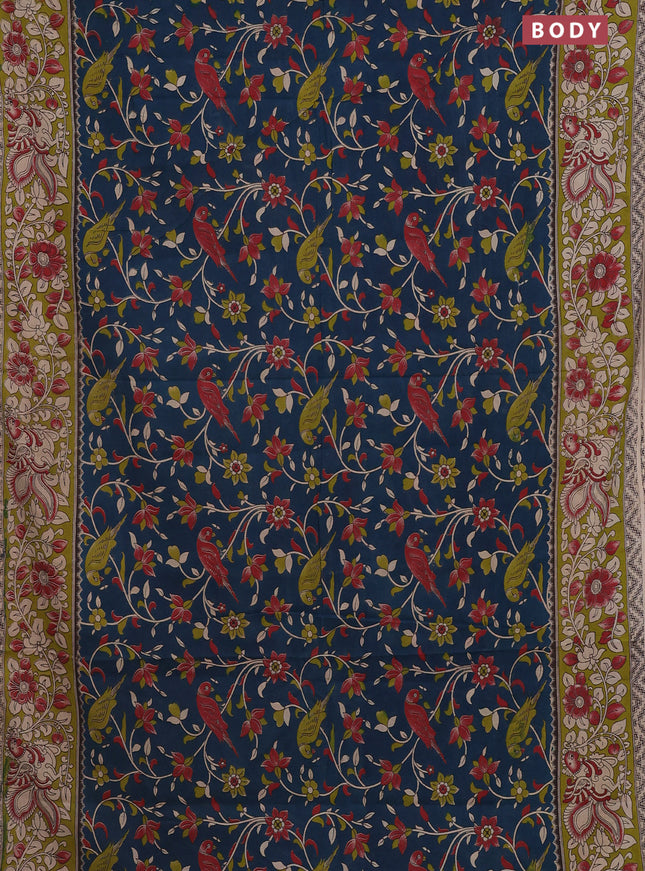 Kalamkari cotton saree peacock blue and light green with allover prints and printed border