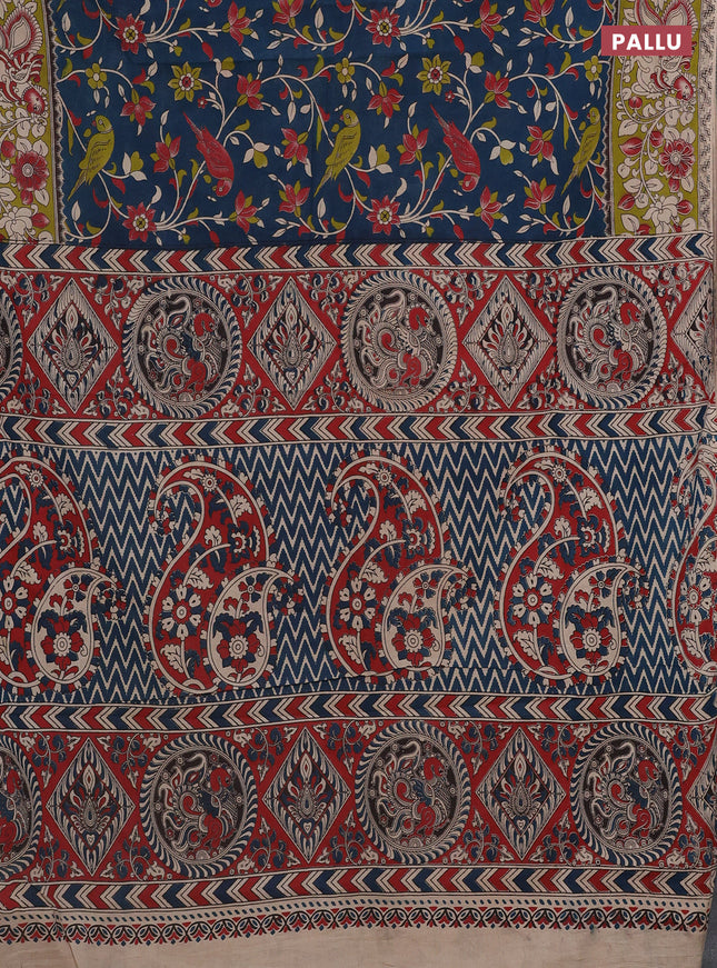 Kalamkari cotton saree peacock blue and light green with allover prints and printed border