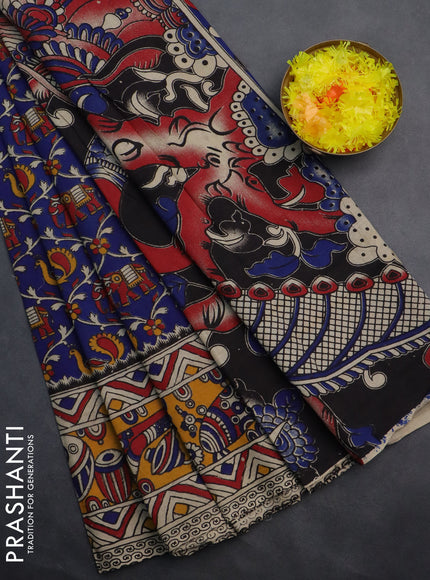 Kalamkari cotton saree blue and yellow with allover prints and printed border