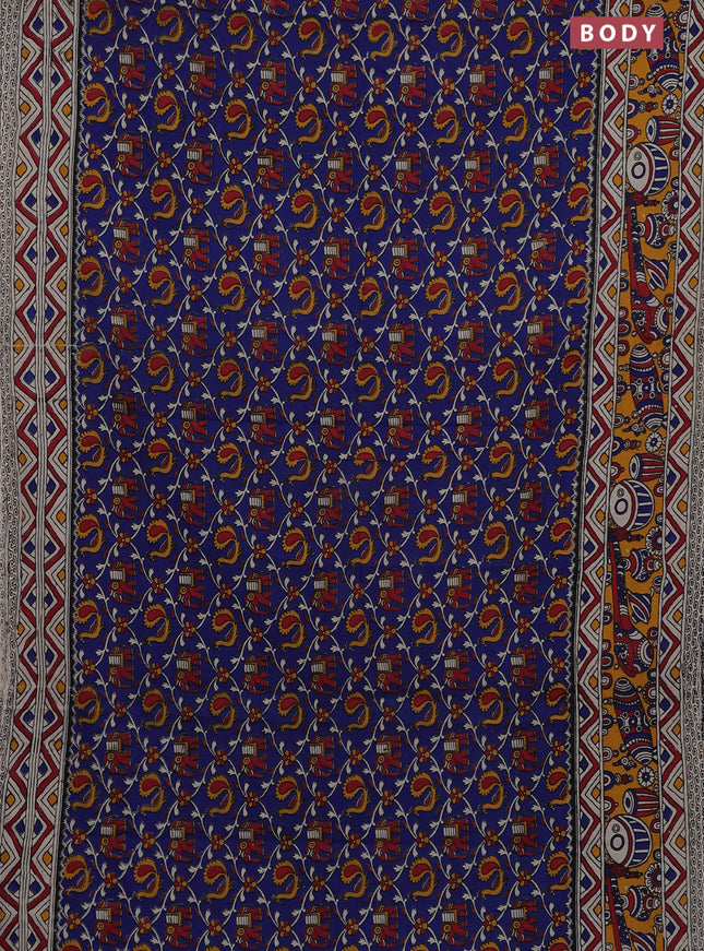 Kalamkari cotton saree blue and yellow with allover prints and printed border