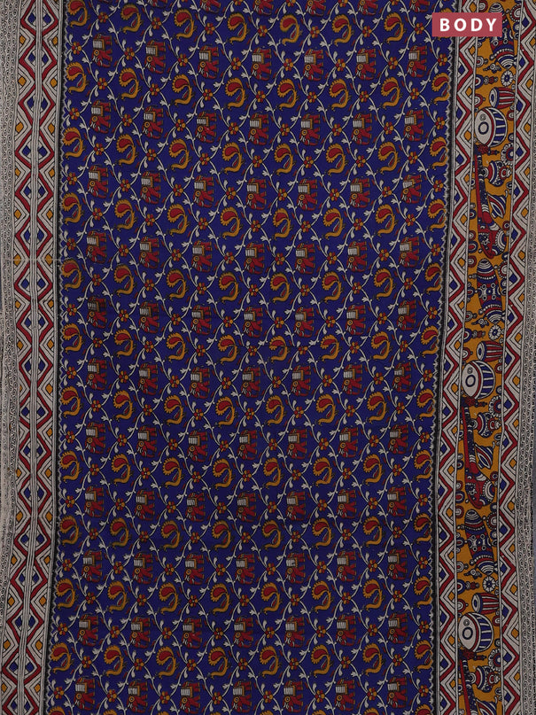 Kalamkari cotton saree blue and yellow with allover prints and printed border