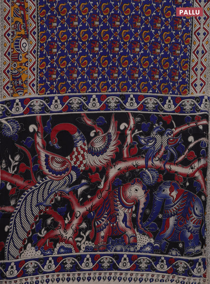 Kalamkari cotton saree blue and yellow with allover prints and printed border