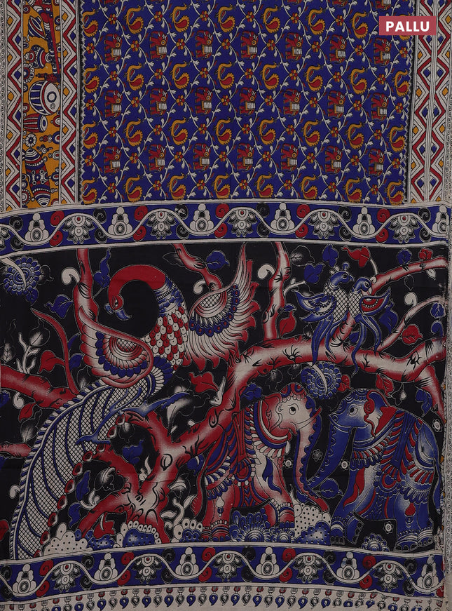 Kalamkari cotton saree blue and yellow with allover prints and printed border