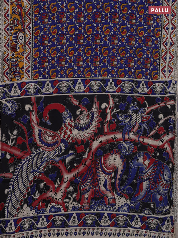 Kalamkari cotton saree blue and yellow with allover prints and printed border