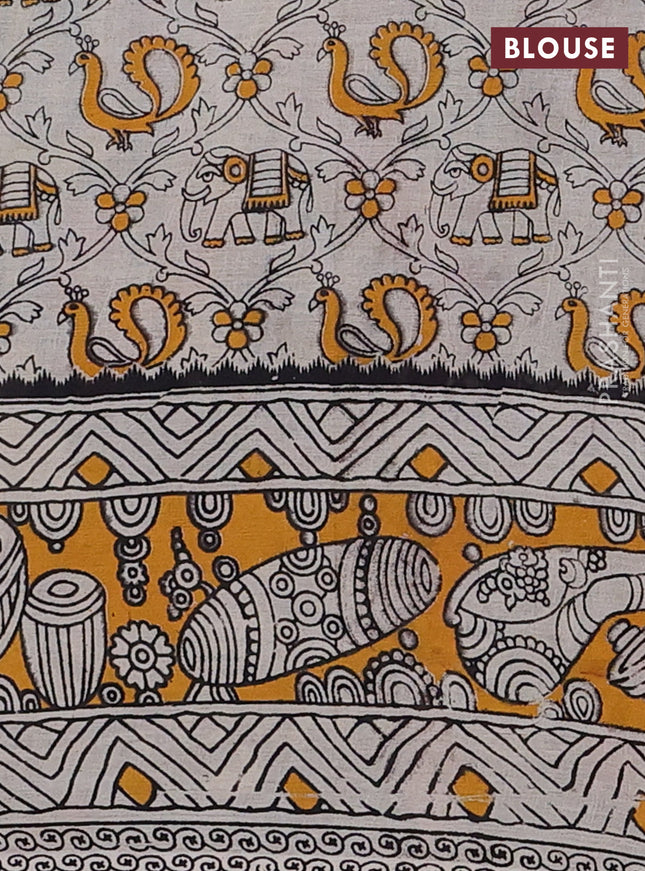 Kalamkari cotton saree blue and yellow with allover prints and printed border