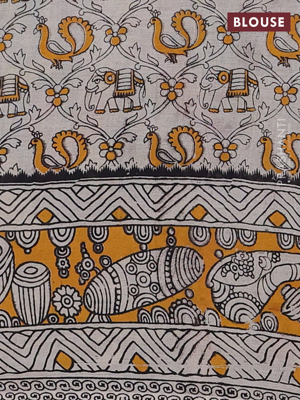 Kalamkari cotton saree blue and yellow with allover prints and printed border