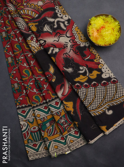 Kalamkari cotton saree red and yellow with allover prints and printed border