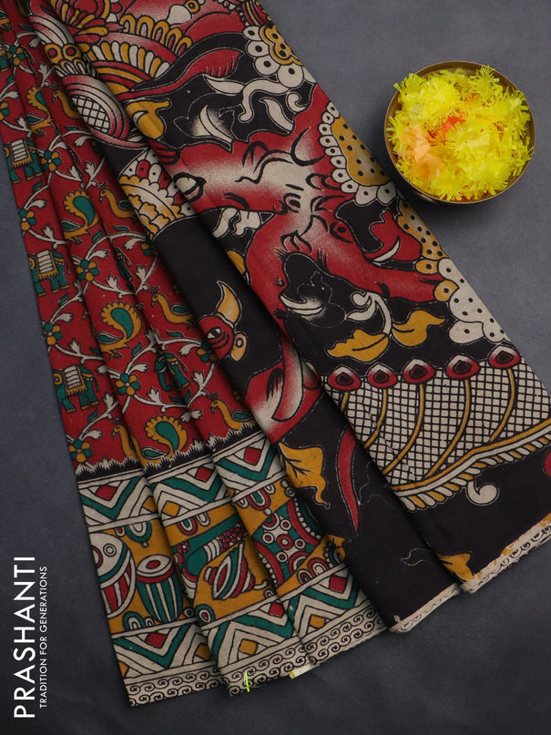 Kalamkari cotton saree red and yellow with allover prints and printed border