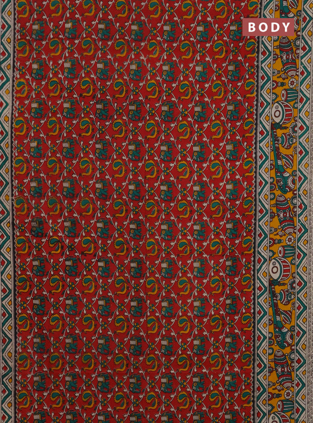 Kalamkari cotton saree red and yellow with allover prints and printed border