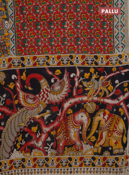 Kalamkari cotton saree red and yellow with allover prints and printed border