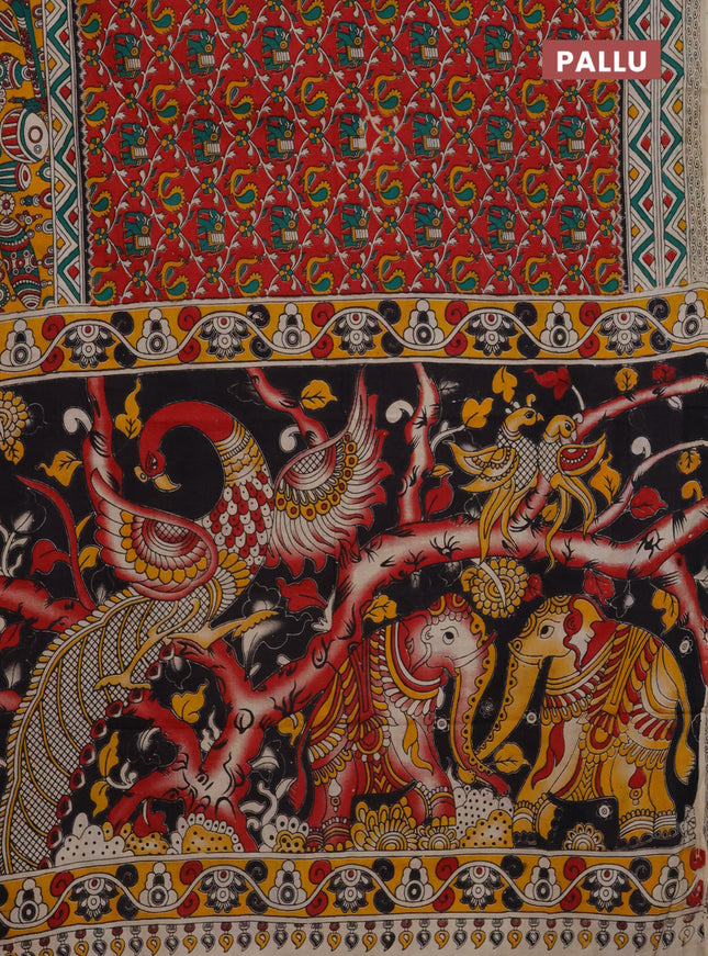 Kalamkari cotton saree red and yellow with allover prints and printed border