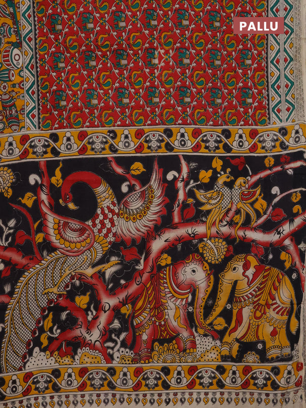 Kalamkari cotton saree red and yellow with allover prints and printed border
