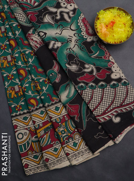 Kalamkari cotton saree green and magenta pink with allover prints and printed border