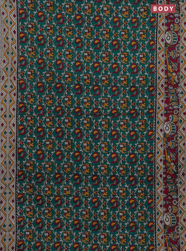 Kalamkari cotton saree green and magenta pink with allover prints and printed border