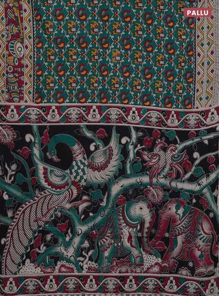 Kalamkari cotton saree green and magenta pink with allover prints and printed border