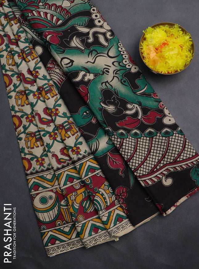 Kalamkari cotton saree cream and magenta pink with allover prints and printed border
