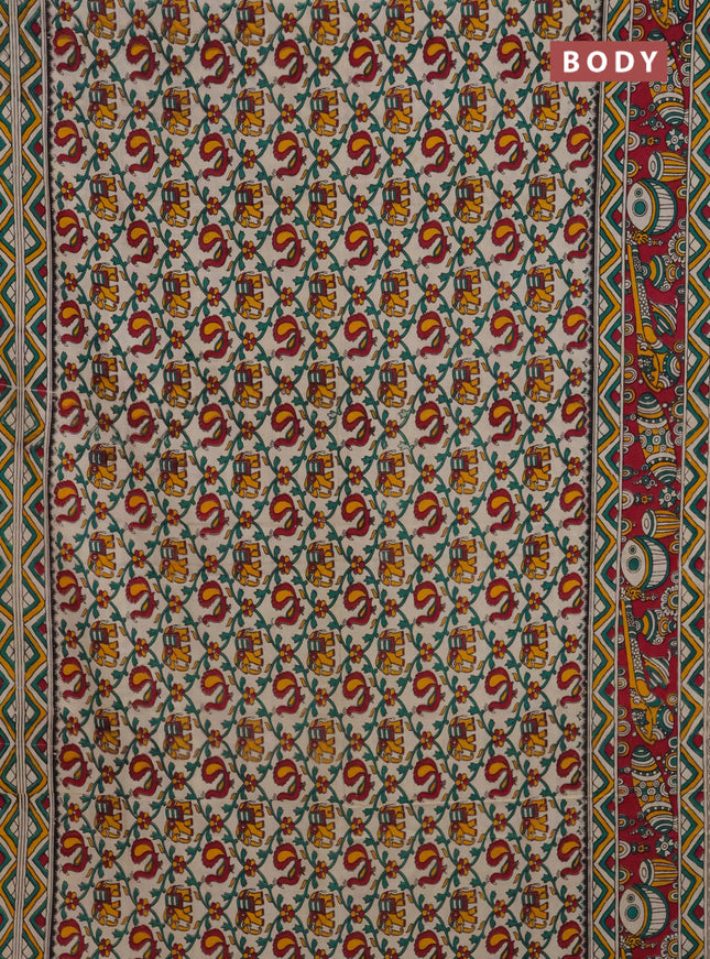 Kalamkari cotton saree cream and magenta pink with allover prints and printed border