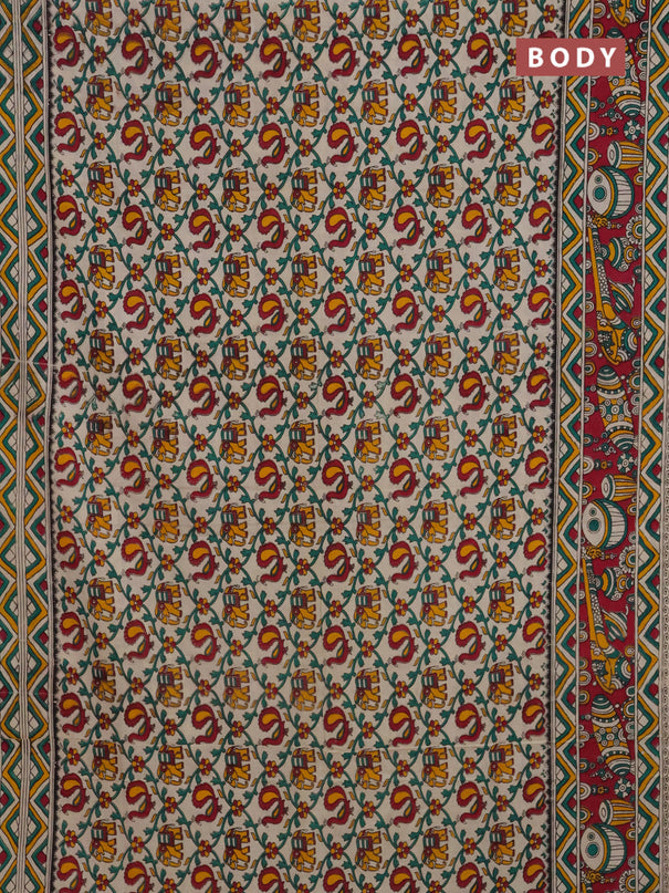 Kalamkari cotton saree cream and magenta pink with allover prints and printed border