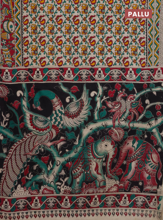 Kalamkari cotton saree cream and magenta pink with allover prints and printed border