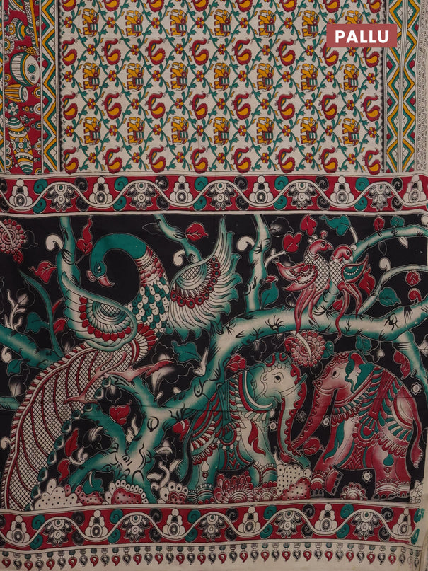 Kalamkari cotton saree cream and magenta pink with allover prints and printed border