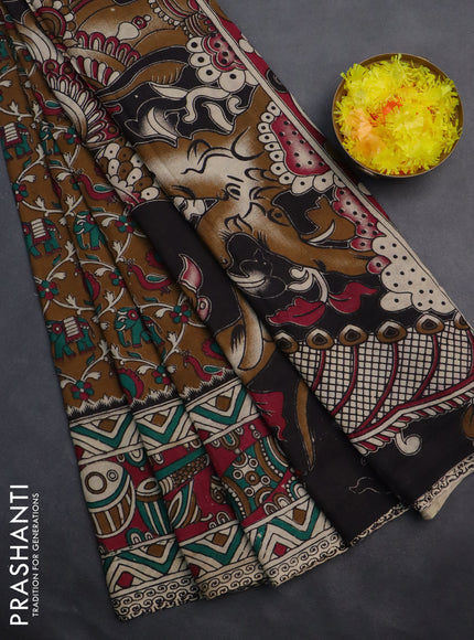 Kalamkari cotton saree dark mustard and magenta pink with allover prints and printed border