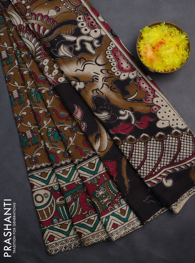 Kalamkari cotton saree dark mustard and magenta pink with allover prints and printed border