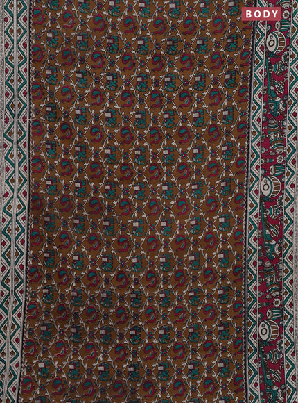 Kalamkari cotton saree dark mustard and magenta pink with allover prints and printed border