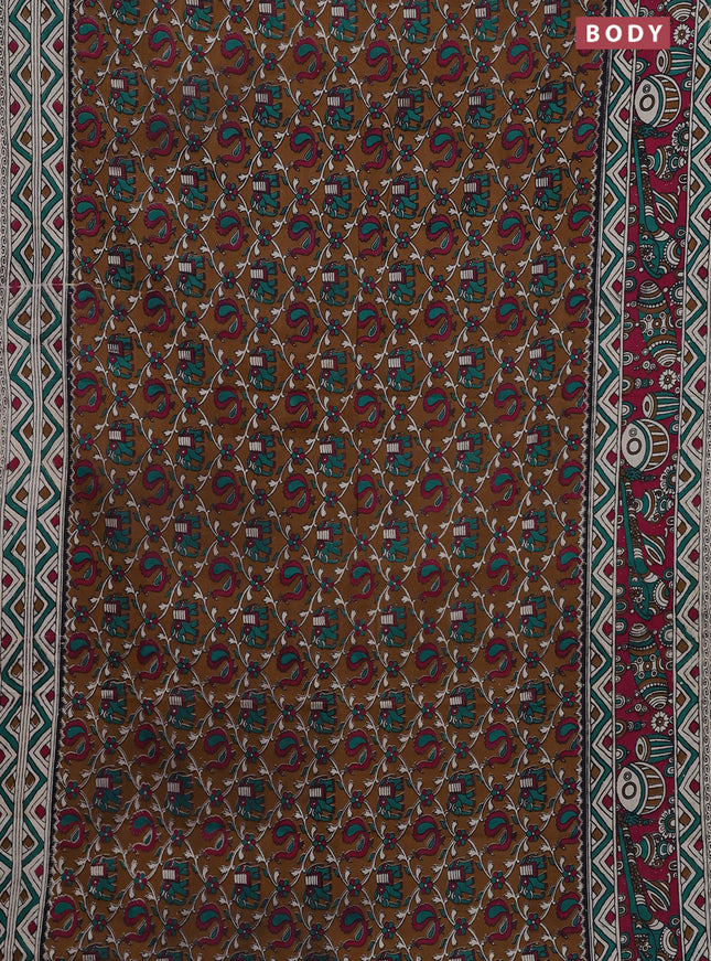 Kalamkari cotton saree dark mustard and magenta pink with allover prints and printed border